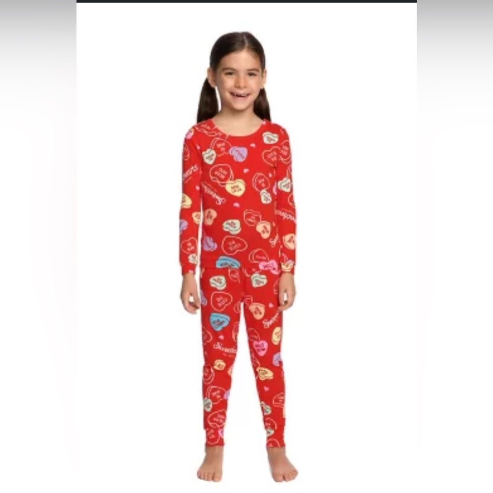 Girl's Red Valentines Sweethearts Candy Hearts Print Pajama Set, Size 4